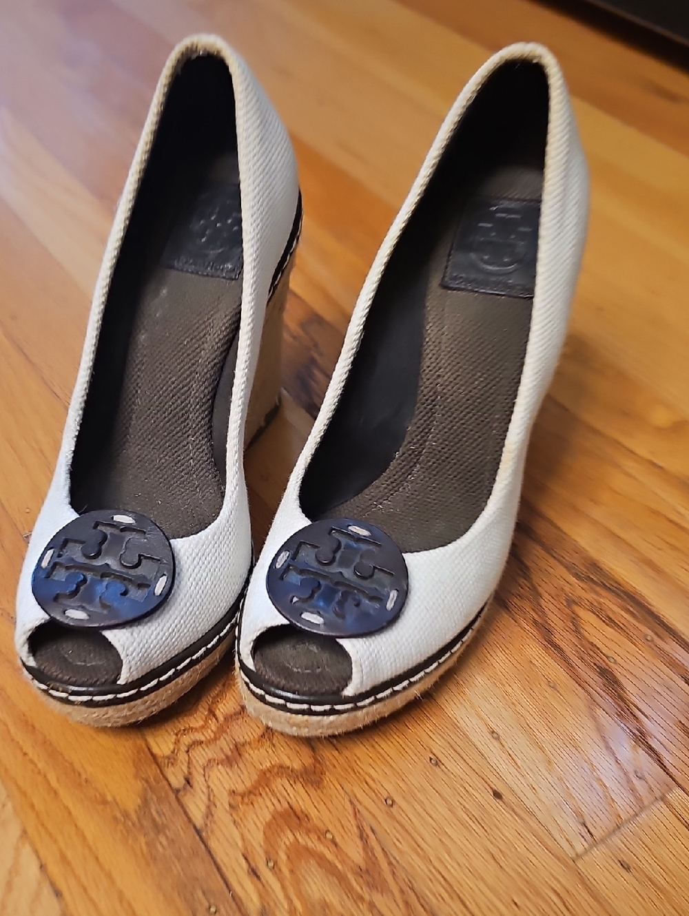 Tory Burch Cream Peep-Toe Espadrille Wedges with Black Logo Medallion